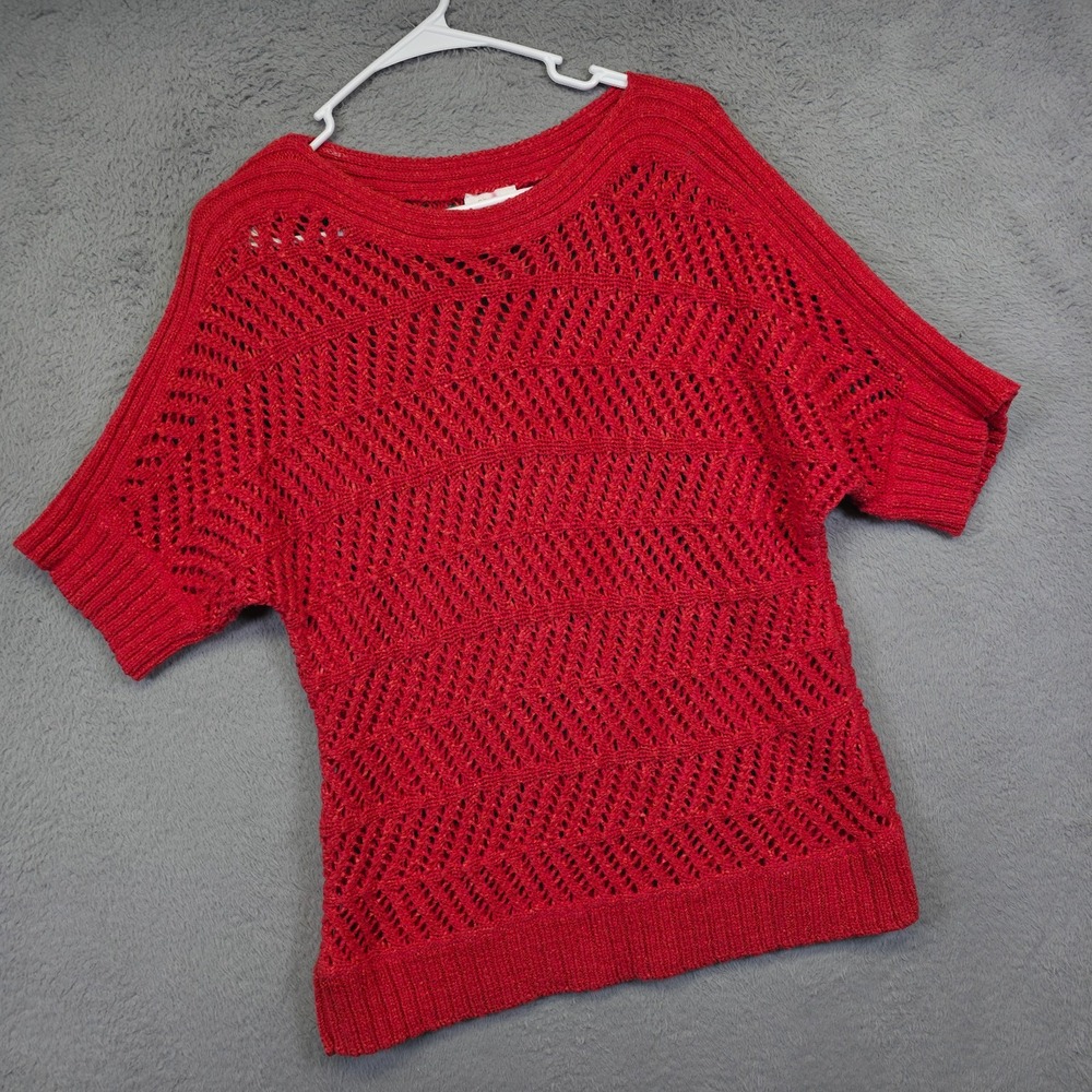 Chicos Sweater Womens 2 L/12 Orange Short Sleeve Open Weave Knit Crochet Top